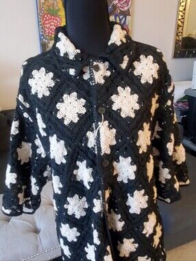 ZARA Black & Cream Floral Crochet Button-Up Shirt UNISEX Men's Size Large